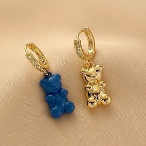 Kawaii Pastel Goth Gold Overlay Rhinestone Hoop Mismatched Teddy Bear Earrings